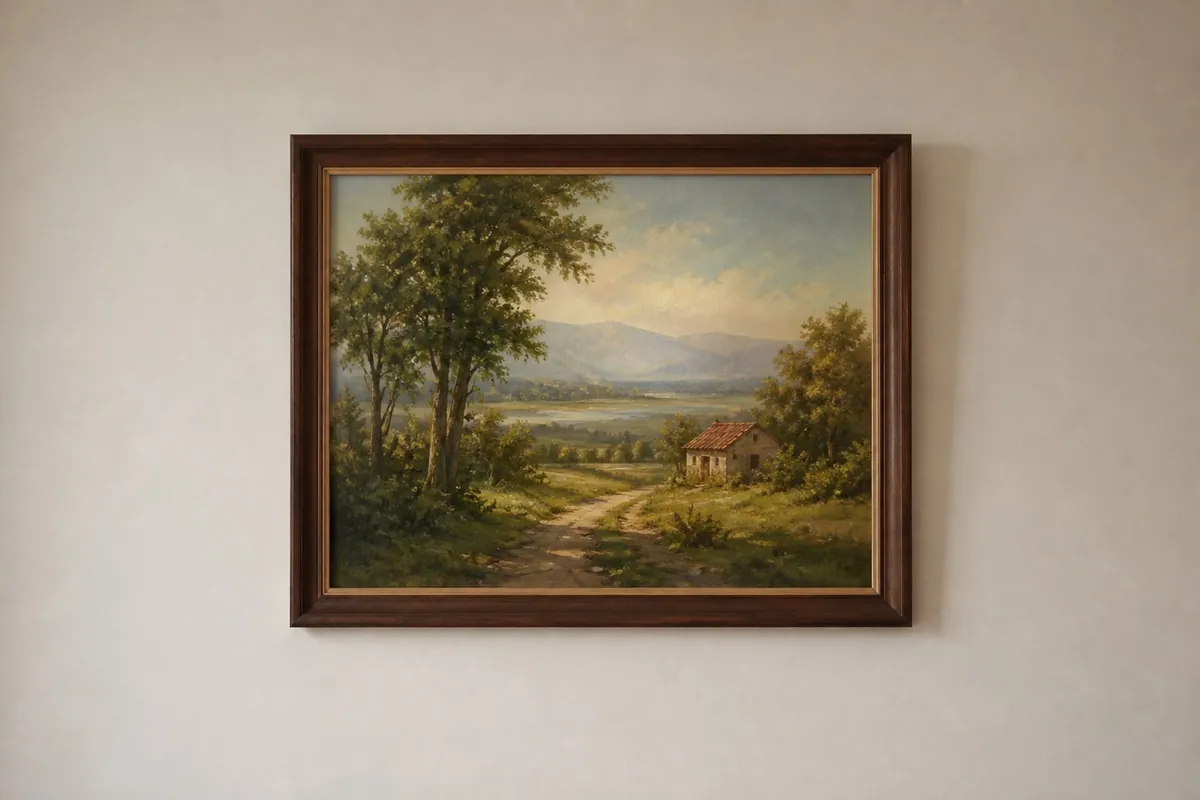 A framed landscape painting hanging on a wall
