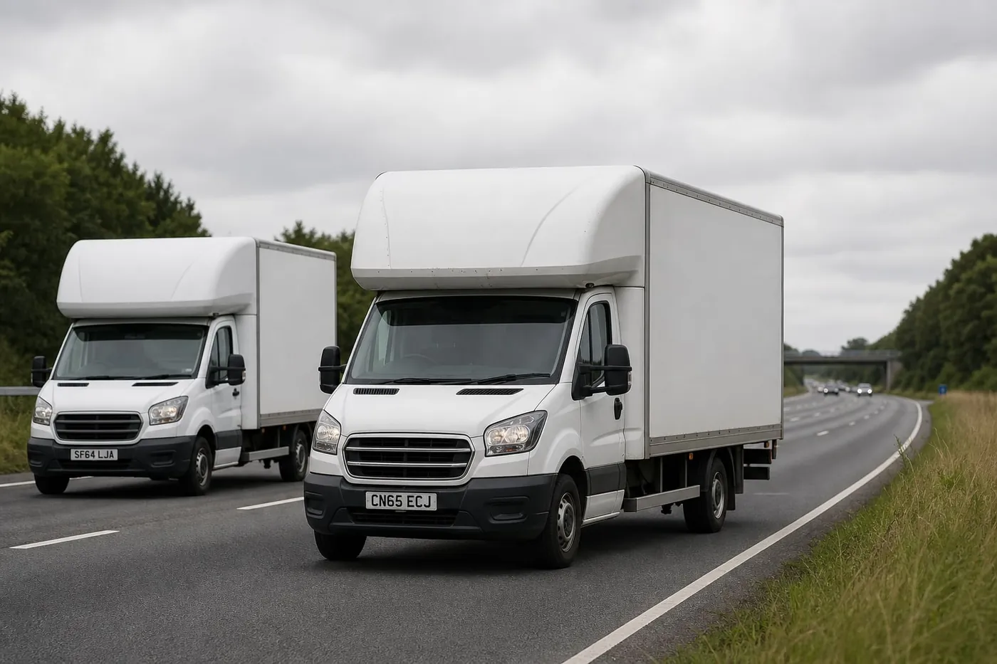 Two white Luton removal vans on a UK motorway